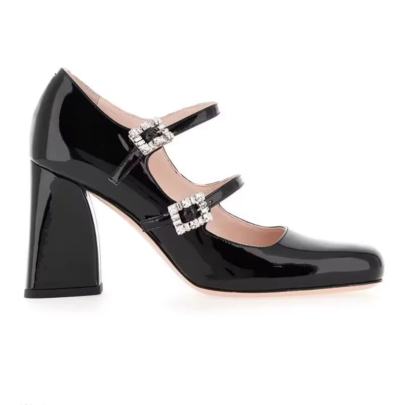 Advbridge Bling Double Crystal Square Buckle Straps Block Heel Pumps Mary Jane Black Beige Square toe Woman Lolita High Heels Woman