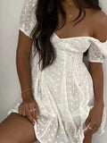 Advbridge White lace embriodery summer beach dress women elegant hollow out lace up short dress off shoulder puff sleeve sheer dress 2024