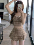 Advbridge-Plaid suit women camisole + short skirt two-piece sets summer new temperament vintage lace patchwork sleeveless suit trend