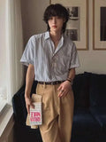 ADVBRIDGE  -  Men's Short Sleeve Striped Shirts New 2025 Summer Loose Single Breasted Casual Turn-down Collar Korean Trendy Top