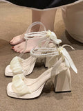 Advbridge Pure Color Casual High-heel Shoes Women Summer New Chunky Heel Pearl Roman Sandals Street Fashion Girly Style Shoes Female