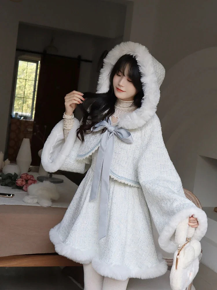 Advbridge 2024 Spring 2 Piece Dress Sets Women Casual Elegant Hooded Coats + Sweet French Short Party Dress Female Japanese Lolita Suits