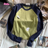 Advbridge Vintage Patchwork Ribbed T-shirt Women Autumn Casual Round Neck Long Sleeve Tee Shirt Retro Streetwear Chic Cotton T Shirt Tops