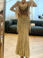 Advbridge Two Pieces Set Japanese Chic Casual Grunge Cropped Cardigans + Vintage Y2k Aesthetic Slim Waist Tunic Sexy Butterfly Print Dress