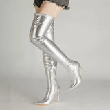 Advbridge Silver Gold Stretch Leather High Heels Thigh Boots Zipper Side Pointed Toe Socks Boots Women Slim Sexy Slip On Over Knee Boots