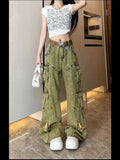 Advbridge American New Vintage Old Multi-pocket Tooling Jeans Female Y2K Harajuku Style Fashion Embroidery Baggy Slim Wide Leg Mop Pants