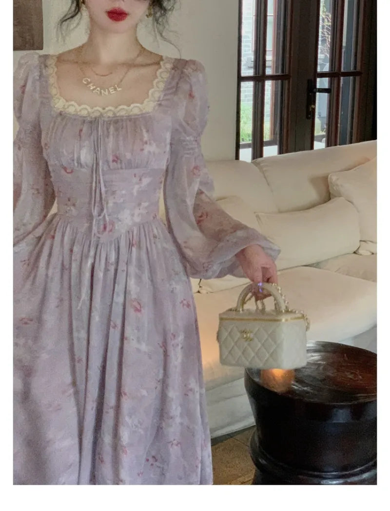 Advbridge French Elegant Square Neck Chiffon Dress for Women 2023 Summer Evening Party Long Sleeve Female Dress Casual Fashion Midi Dress