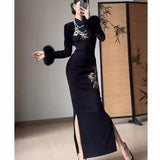Advbridge Autumn Winter Bodycon Velvet Dress Chinese Style Long Sleeve Stand Collar Embroidery High Split Party Dresses Female Vestidos