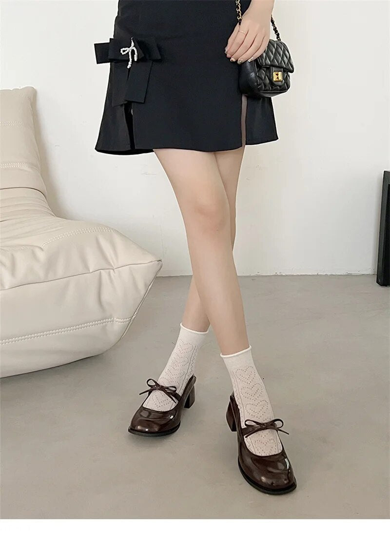 Advbridge Elegant Mary Jane Pumps Woman High Heels Shoes Leather Casual Shoes Women Square Heeled Shoes Ladies Sweet Style Lolita Shoes