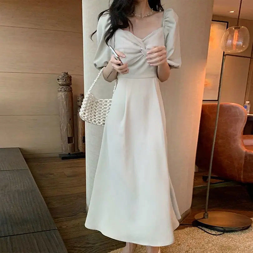 Advbridge -  Sweet Hot Girl Acetate Elegant Dress Women's Spring O-neck Satin Flying Sleeve Slim Fit Long Dress Fashion Female Clothes