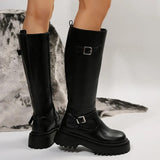 Advbridge Lucyever Fashion Buckle Knee High Boots Women Side Zipper Punk Knight Combat Boots Woman Pu Leather Thick Heels Long Botas