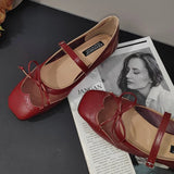 ADVBRIDGE  -  Leather Mesh Patchwork Designer Mary Jane Shoes Woman Elegant Red Bow Square Toe Ballet Flats Comfortable Breathable Flat Shoes