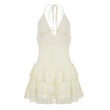 ADVBRIDGE  -  Women's Halter Deep V-neck Hollow Lace See-through High Waisted Strappy Ruched Mini Solid Tank Dress Vacation Club Summer Outfit