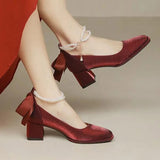 Advbridge Women's Pumps Pearlescent White Wedding Shoes String Bead Ankle Strap Dress Shoes Mid Heels Square Toe Back Bow Pump Red 9734C