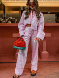 Advbridge Women Elegant Pink Blouse Pant Set Long Sleeve Single Breasted Shirt Female Wide Pants Outfit 2024 Spring Shirts Trousers Suit