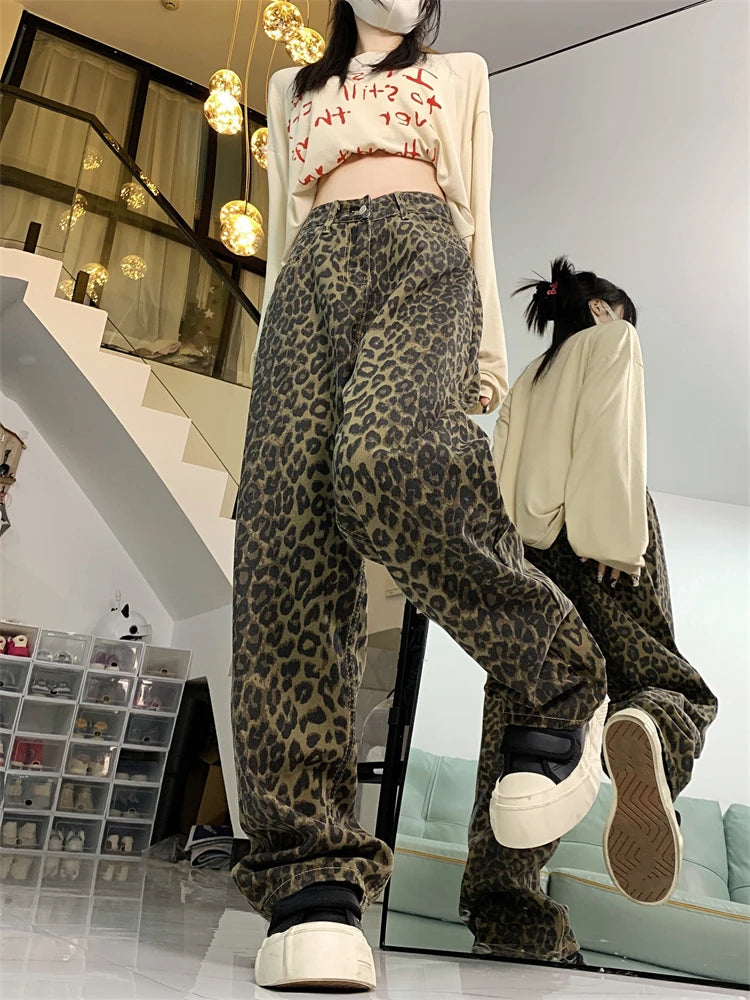 Advbridge  -  Women's Retro Style Leopard Print Denim Trousers American Vintage Street Style Jeans Casual Female High Waist Straight Pants