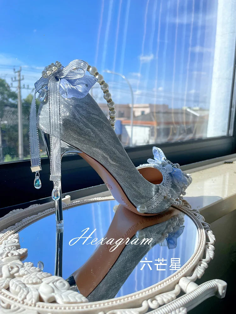 Advbridge Elegant Retro Lolita Court Style Lolita Flower Wedding Gorgeous Satin Bow Pearl Gem Ribbon Bowknot 7.5-10.5cm High Heels Shoes