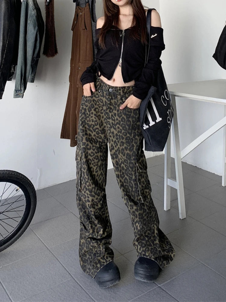 Advbridge Leopard Print Pants Women Y2K High Waist Multiple Pockets Vintage Trousers Streetwear Hip Hop Loose Wide Leg Cargo Jeans