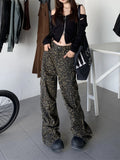 Advbridge Leopard Print Pants Women Y2K High Waist Multiple Pockets Vintage Trousers Streetwear Hip Hop Loose Wide Leg Cargo Jeans