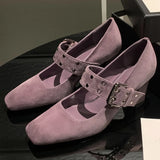 ADVBRIDGE  -  Women's natural suede leather 7cm thick high heel metal buckle slip-on Mary Jane pumps elegant ladies OL style daily dress shoes