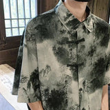 ADVBRIDGE  -  Mens Chinese Traditional Mountain Painting Printed Tang Shirts Frog Button Down Kong Fu Short Sleeve Summer Clothing Male XXXXXL