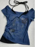 Advbridge Summer Fake Two Pieces Halter Bandage Vintage T-shirts Y2k Aesthetic Slim Crop Tops Women Grunge Print Harajuku Casual Sexy Tee