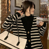 Advbridge Harajuku Xiaoxiang Knitted Cardigan Autumn 2024 Style Temperament With Chic Lazy Striped V-Neck Thick Sweater Coat Women Trend