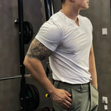 Advbridge Men's Fashion Casual T Shirt Summer New Solid V-Neck Short Sleeve Top Tight Tee Shirts Muscle Male Workout Sexy T-Shirt LGBT