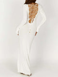 ADVBRIDGE  -  Sexy White Knitted Long Dresses Women Scoop Neck Long Sleeve Backless Bandage Maxi Dress Summer Holiday Elegant A-line Vestidos