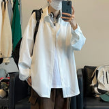 ADVBRIDGE  -  White Long Sleeved Shirt Men Fashion Society Mens Black Dress Shirt Korean Loose Ice Silk Shirt Mens Oversized Casual Shirts