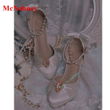 Advbridge Pointy Toe Crystal Women's Pumps Ankle Buckles Pearl Chain Butterfly Knot Summer Pumps Wedding Shoes Thin High Heel Candy