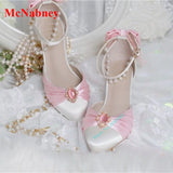 Advbridge Pointy Toe Crystal Women's Pumps Ankle Buckles Pearl Chain Butterfly Knot Summer Pumps Wedding Shoes Thin High Heel Candy