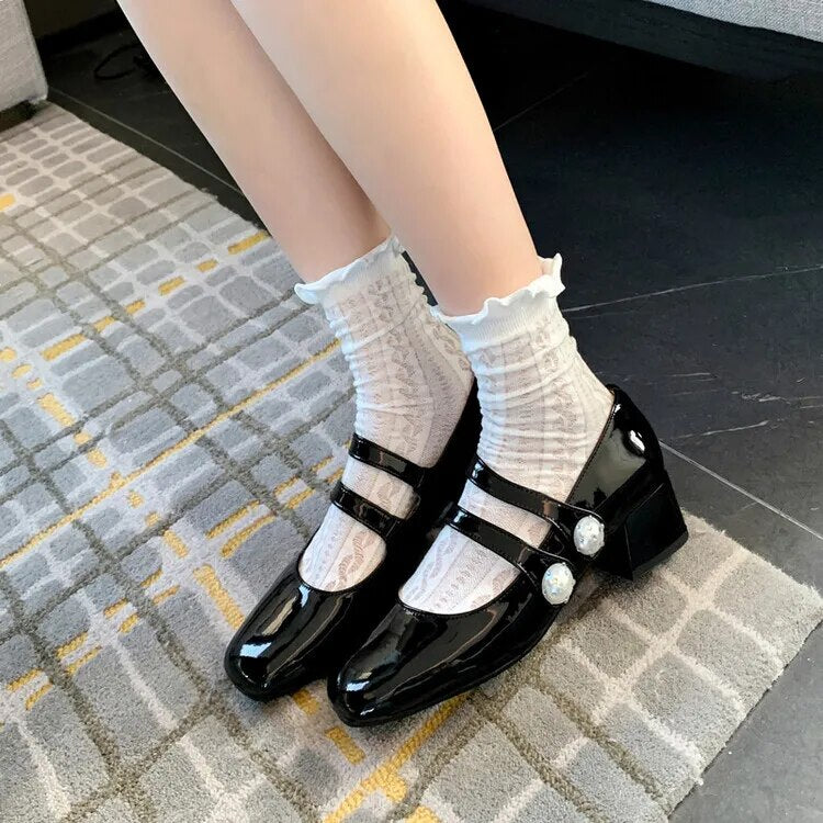 Advbridge New Spring Mary Jane Shoes Casual Shoes Chunky Heels Shoes for Women Square Toe Women Pumps Zapatos Mujer Large Size 34-43