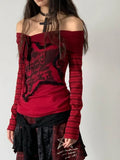 Advbridge  Gothic Off Shoulder Women T-shirts Red Harajuku Striped Japanese Y2k AestheticLong Sleeve Tops Vintage Goth Sexy Tshirts