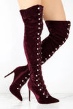 Advbridge Pearls Decor Eyelet Cross Bandage Over The Knee Velvet Boots Women Pink Maroon Black Thigh Boots High Heels Pointed Toe Botas
