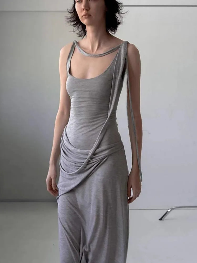 Advbridge Grey Large U-Neck Pure Cotton Dress For Women, Casual And Comfortable, With Irregular Waistband And Slimming Long Skirt