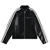 Advbridge Mens Autumn Biker White Stripe Maillard Leather Jacket Genderless Trendy Retro Casual Street Simple Leather Jacket Unisex