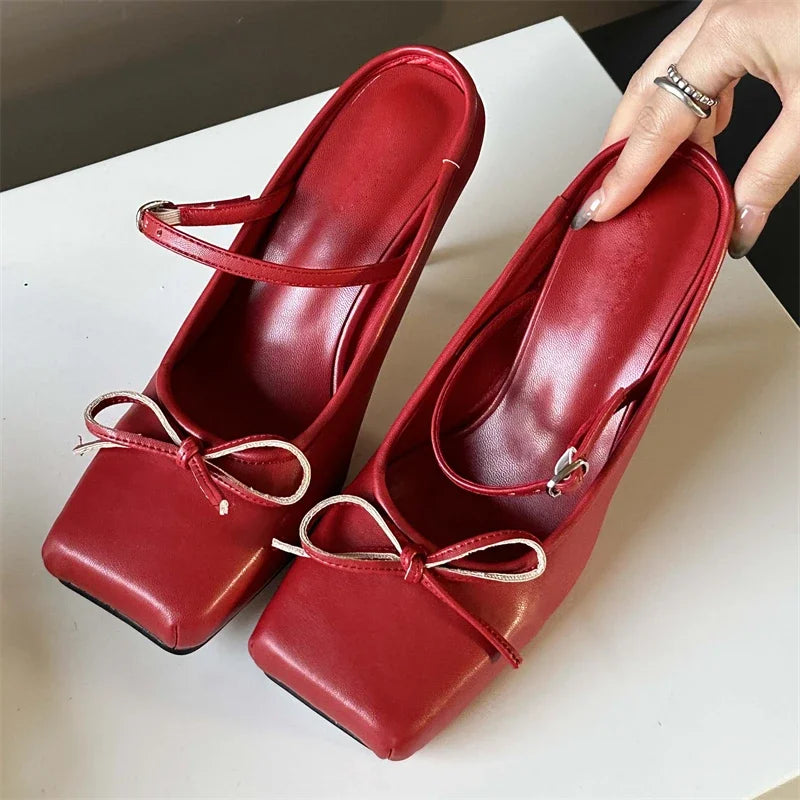 Advbridge Spring Bowknot Square Toe Women Slippers Sexy Buckle Strap Thin High Heels Prom Mule Pumps Shoes Zapatos De Mujer