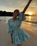 ADVBRIDGE  -  Sweet V Neck Printed Mini Dress Elegant Lace Up Long Sleeve Pleated Fluffy Gowns New Women's Summer Beach Vacation Vestidos 2025