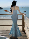 Advbridge Elegant Blue Mermaid Womens Dresses Sexy Halter Mesh Patchwork Party Dress Summer Spring Female Holiday Beach Vestidos Robe New