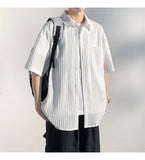 ADVBRIDGE  -  Men's Vertical Stripe Lapel Textured Loose-Fit Short Sleeve Shirt Casual Breathable Top Comfortable Wear, Trendy Summer Style