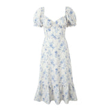 Advbridge Retro French Style Bra chest V neck White Blue Flower Print Women Midi Dress Puff Sleeve Ruffles Hem Tea Robe Femme Vestido