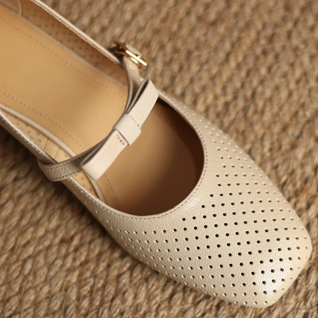 ADVBRIDGE  -  Plus size 34-41 women's hollow-out sheepskin sweet bowtie metal buckle slip-on pumps 4cm thick med heel elegant ladies heels hot