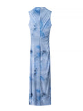 Advbridge Tie-dyed Folds Mesh Women Dress Summer Casual Sleeveless Blue Maxi Dress Back Zipper Long Beach Party Vestidos Boho Dress 2025