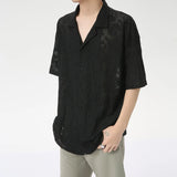 Advbridge Men's Wear 2024 Summer Flower Embroidery Hollow Out Cuban Collar Shirts Top Trendy Korean Streetwear Short Sleeve Shirt