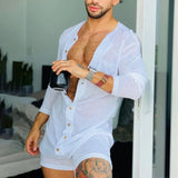 Advbridge Solid Tight One-piece Shorts Men Long Sleeve Sexy Perspective Deep V Homewear Clothes New Buttons Pajamas Jumpsuit Sexy Lingerie