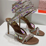 Advbridge Crystal Lights Serpentine Lace-Up High-heel Party Banquet Stiletto Sexy Snake Wedding Women Shoe Luxury Rhinestone Ankle Sandals
