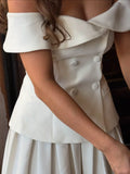 Advbridge White Elegant Off Shoulder Pleated Hem Mini Dress Women Chic Double Breasted Backless Slim Dresses Ladies New 2024 Party Vestido