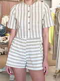 ADVBRIDGE  -  New Striped 2 Piece Set Women Crew Neck Single Breasted Short Sleeve Short Blouse Summer Elegant Casual Fashion Shorts Sets
