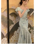 Advbridge Elegant Evening Party Midi Dresses for Women Summer French Vintage Halter Print Mermaid Slim Female Clothes Blue Dress Robe